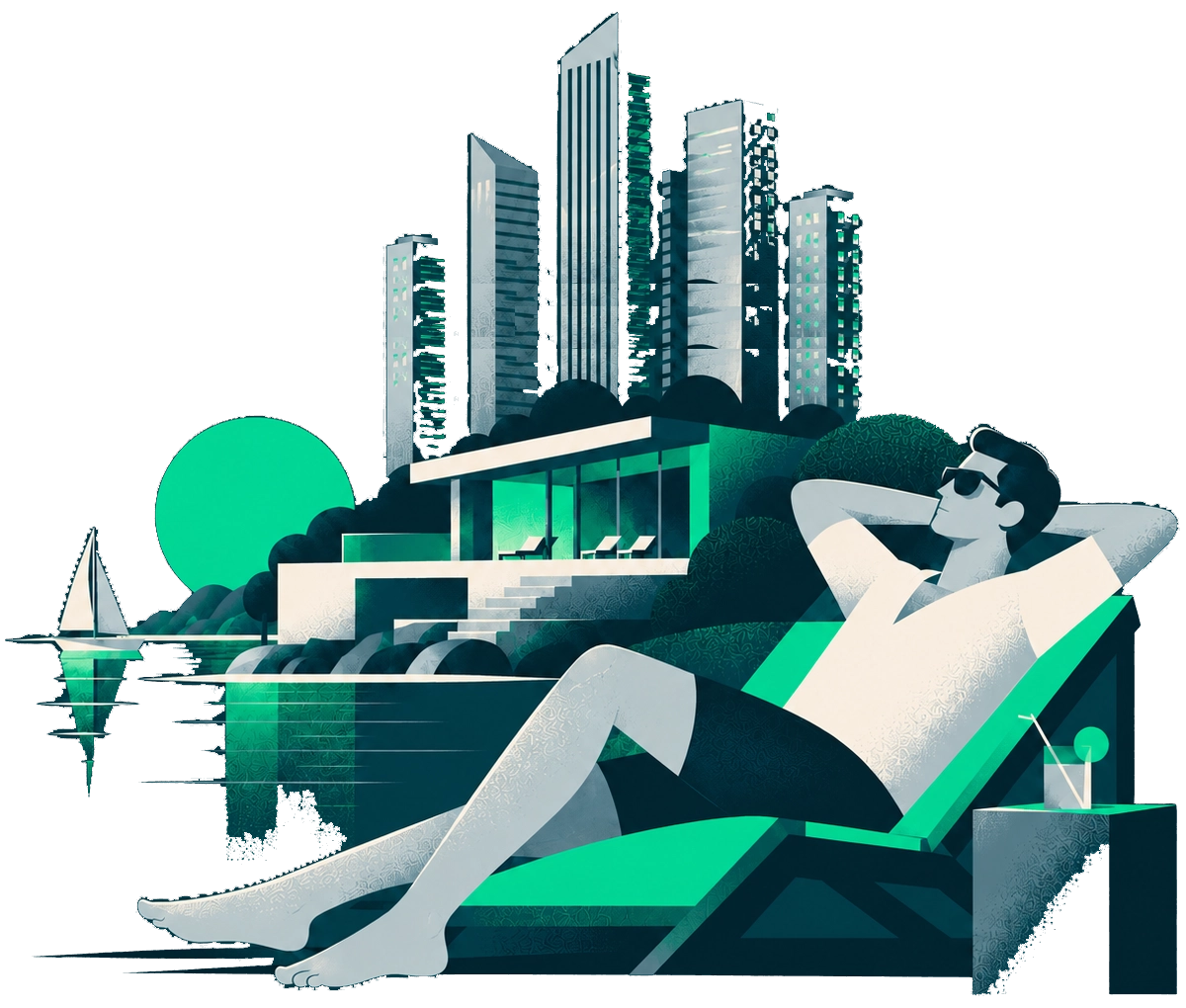 Investidor relaxando em espreguiçadeira à beira-mar, com o skyline de uma cidade ao fundo, representando uma estrutura offshore